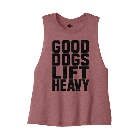Good Dogs Lift Heavy crop tank — Heather Mauve front flatlay