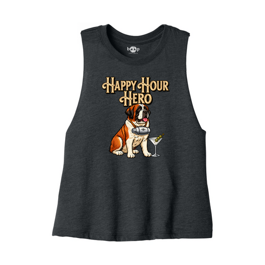 Happy Hour Hero crop tank — Dark Grey Heather front flatlay