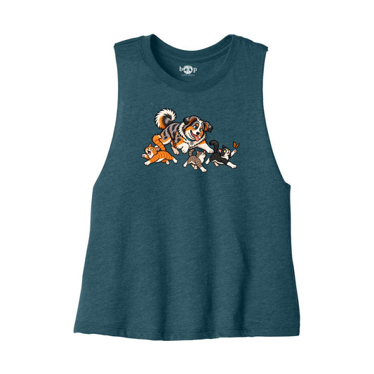 Herding Cats crop tank — Heather Deep Teal front flatlay