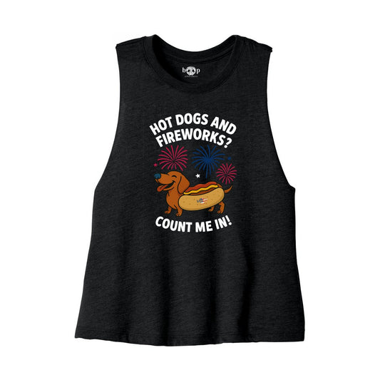 Hot Dogs and Fireworks crop tank — Solid Black Blend front flatlay