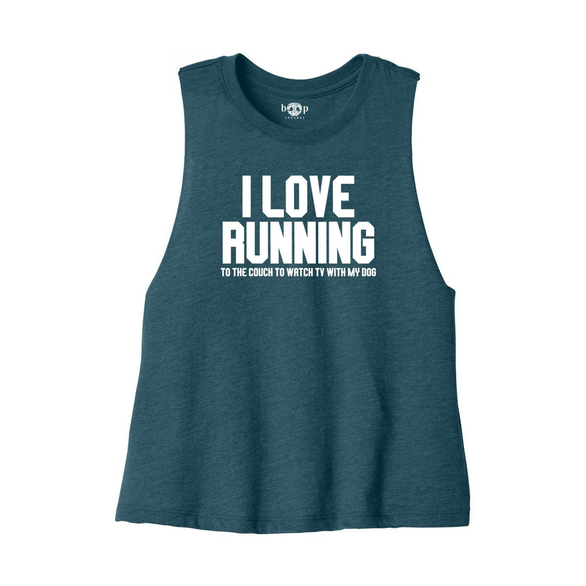 I Love Running crop tank — Heather Deep Teal front flatlay