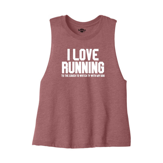 I Love Running crop tank — Heather Mauve front flatlay