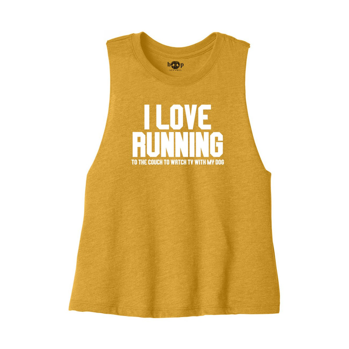 I Love Running crop tank — Heather Mustard front flatlay