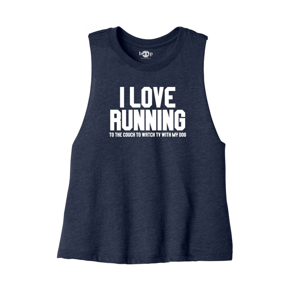 I Love Running crop tank — heather navy front flatlay