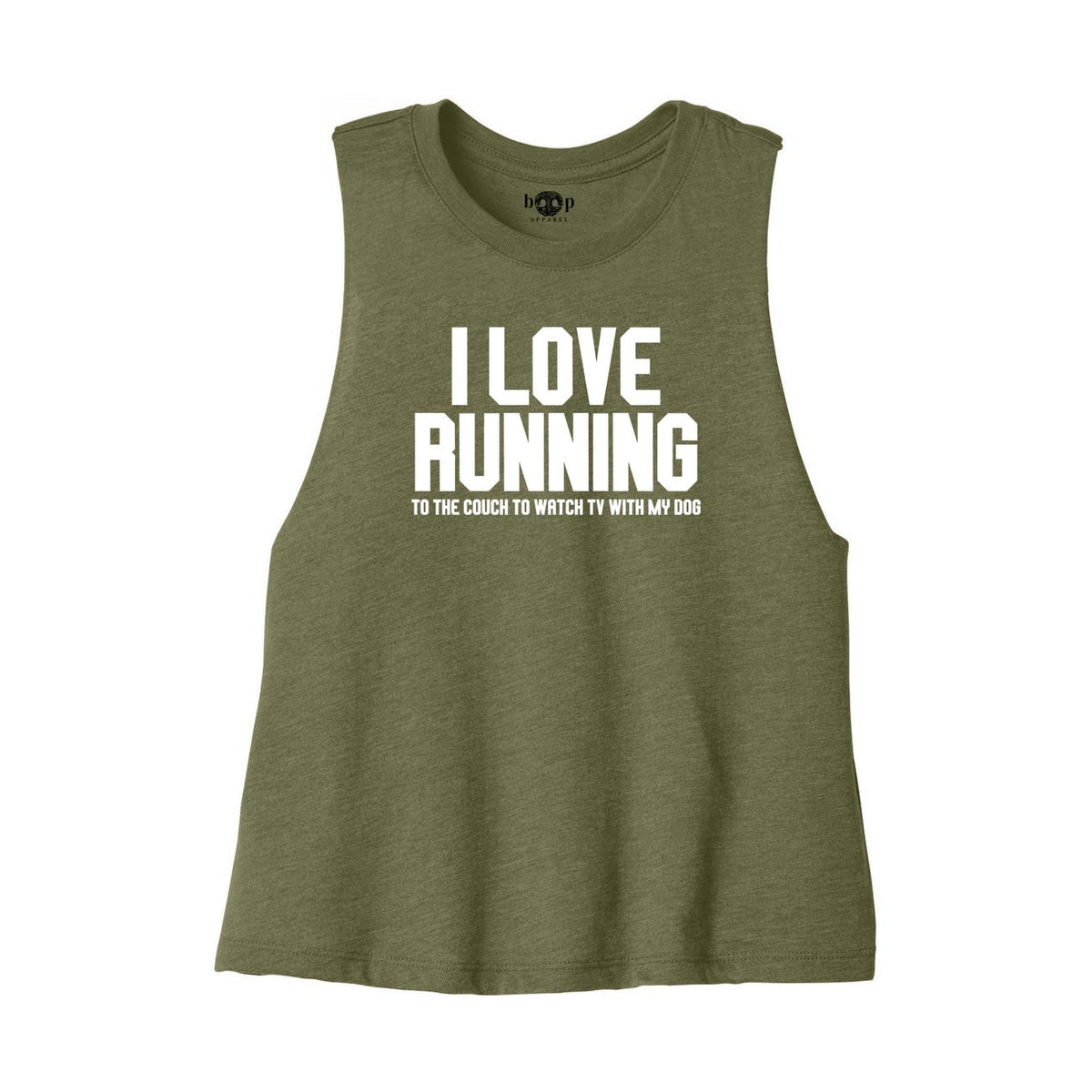 I Love Running crop tank — Heather Olive front flatlay