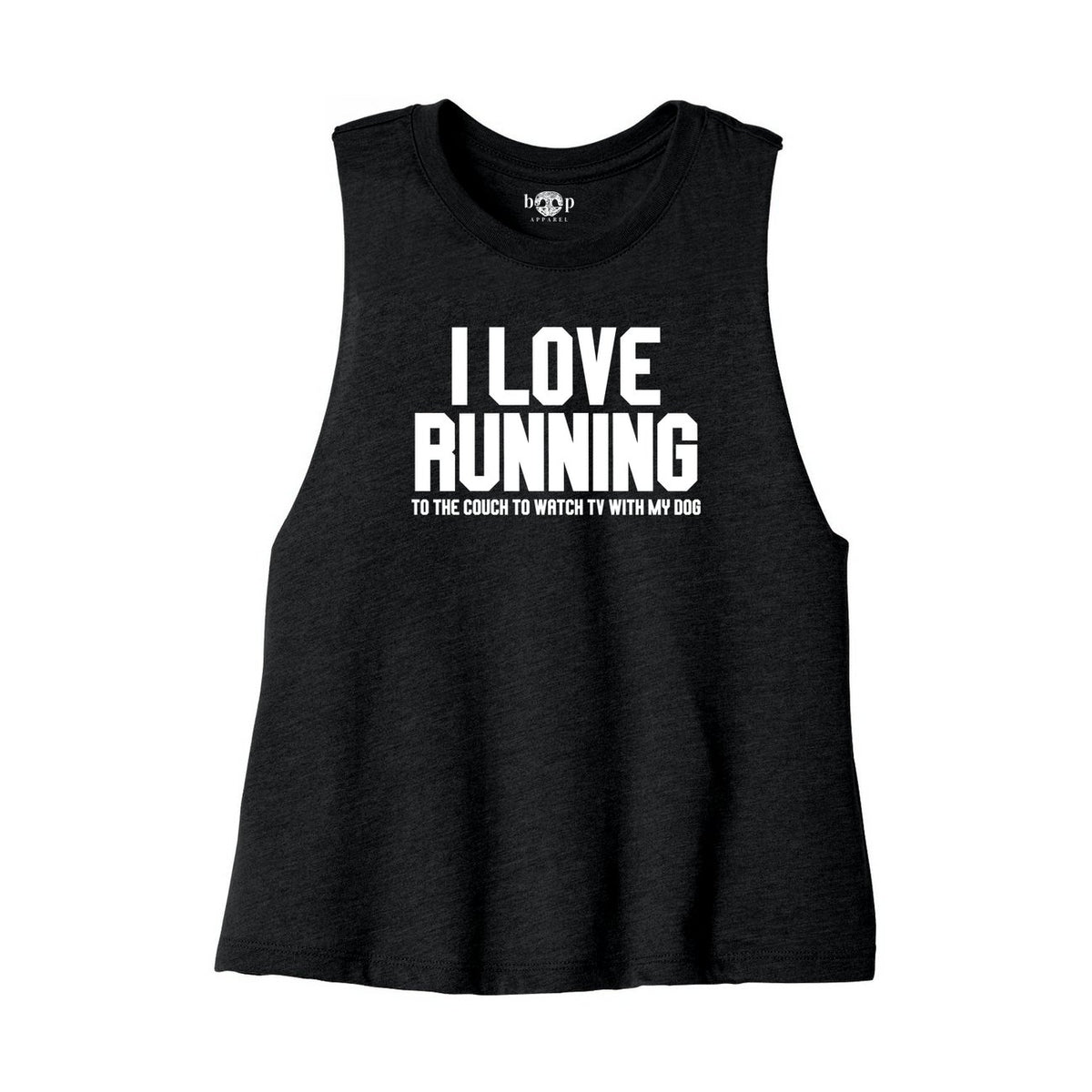 I Love Running crop tank — Solid Black Blend front flatlay