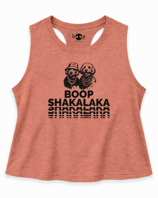 Boop Shakalaka crop tank in Heather Sunset, front flatlay with black inside neck branding