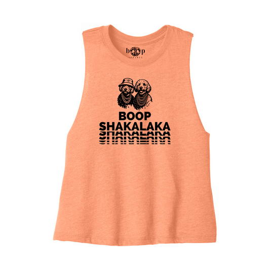 Boop Shakalaka Bella+Canvas 6682 crop tank in Heather Sunset, front flatlay