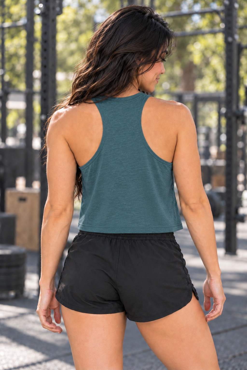 Boston Party crop tank — Grace Back in Heather Deep Teal outdoor gym