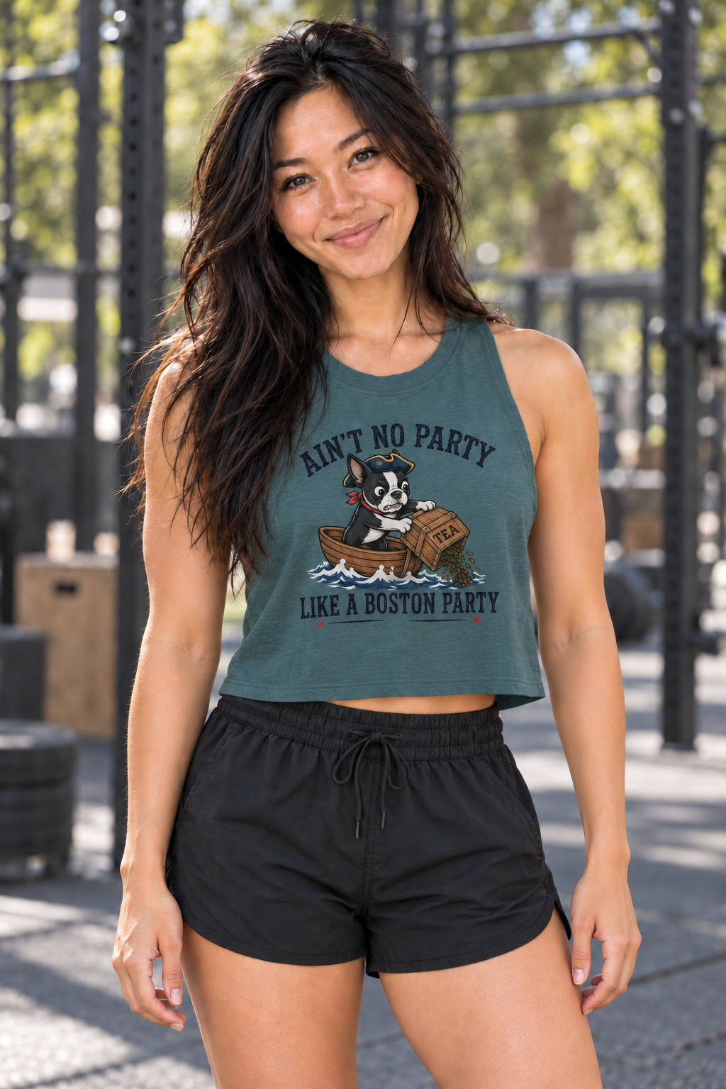 Boston Party crop tank — Grace Front in Heather Deep Teal outdoor gym