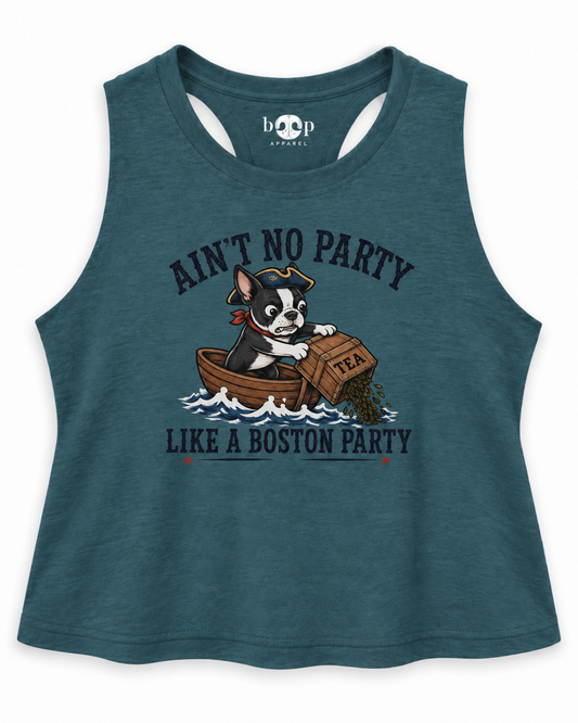 Boston Party crop tank — Heather Deep Teal flatlay