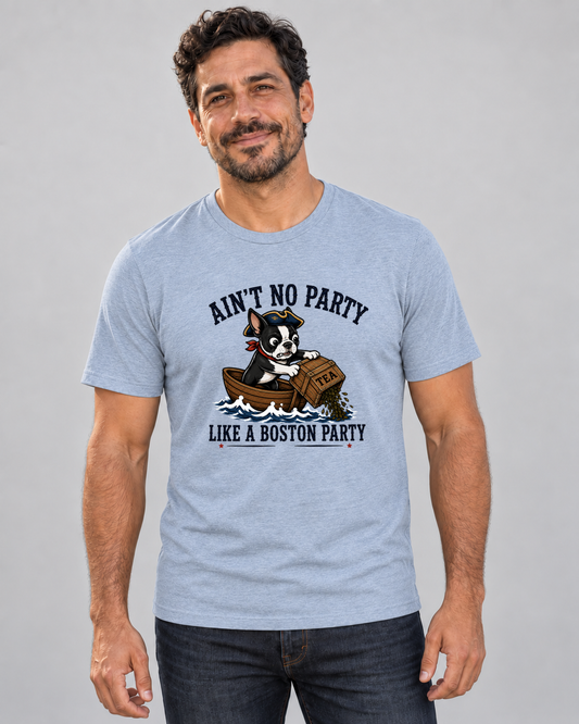 Dave wearing Boston Party Everyday T in Heather Blue, studio photo