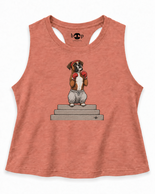 Boxer crop tank — Heather Sunset flatlay
