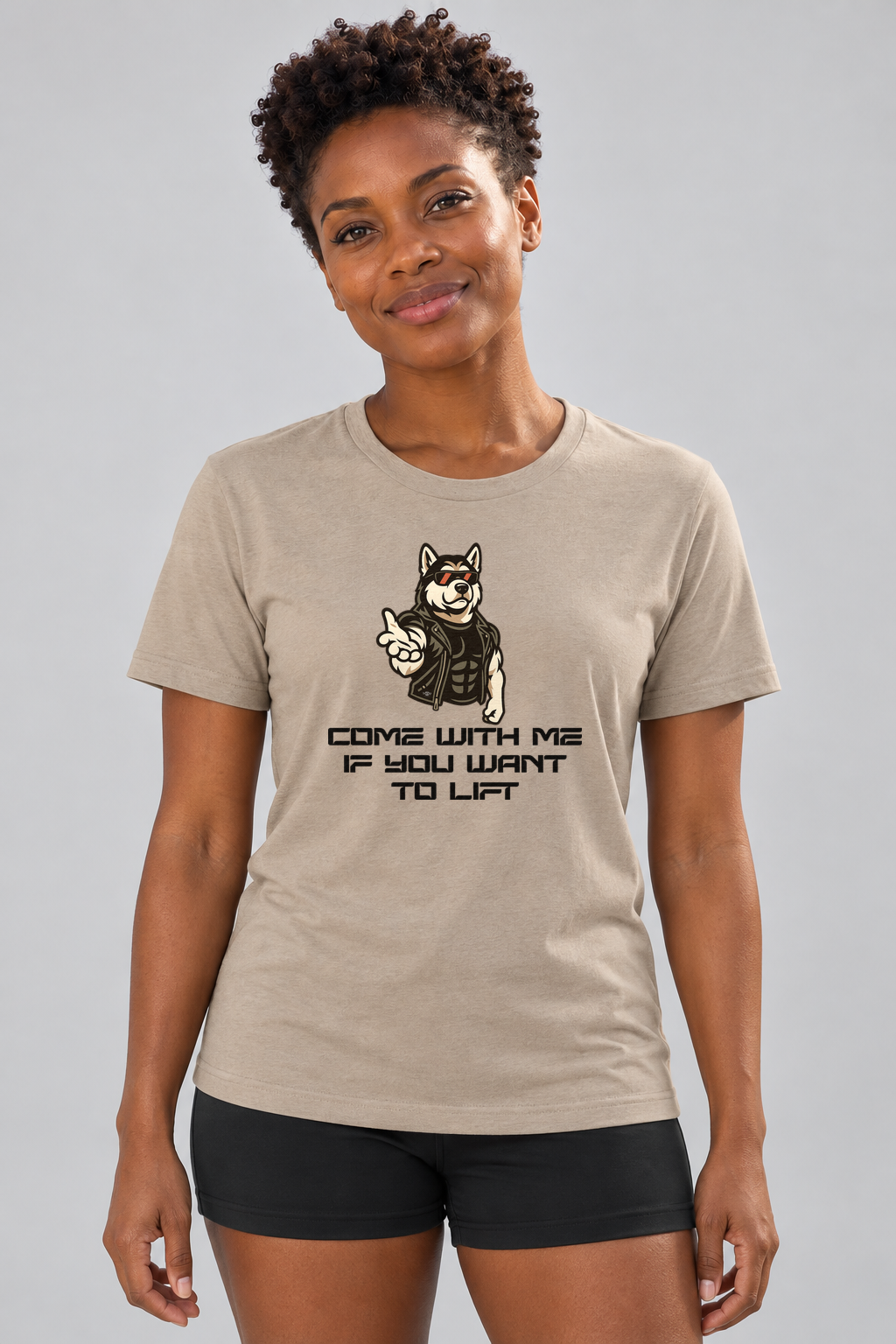 Brandy wearing the Come With Me Everyday T in Heather Tan, front studio view.