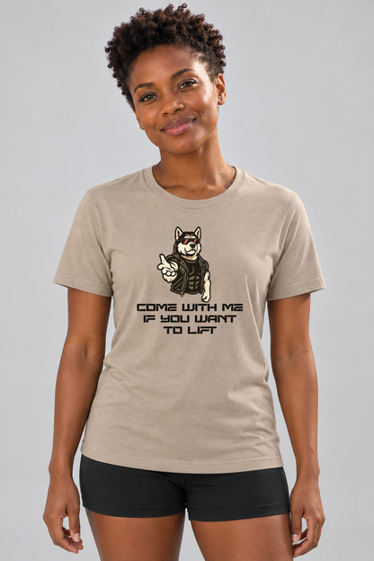 Brandy wearing the Come With Me Everyday T in Heather Tan, front studio view.