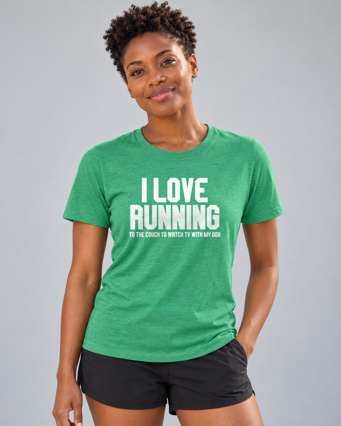 Brandy wearing I Love Running Everyday T in Heather Kelly