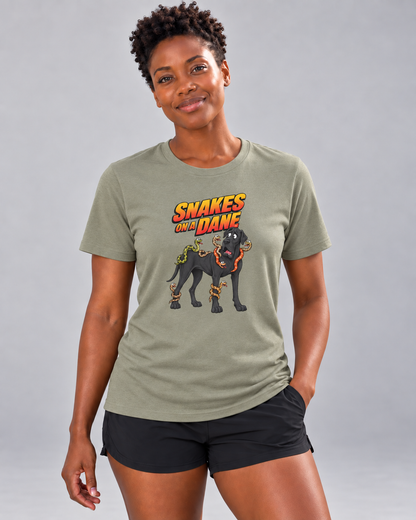 Brandy wearing Snakes on a Dane Everyday T in Heather Olive