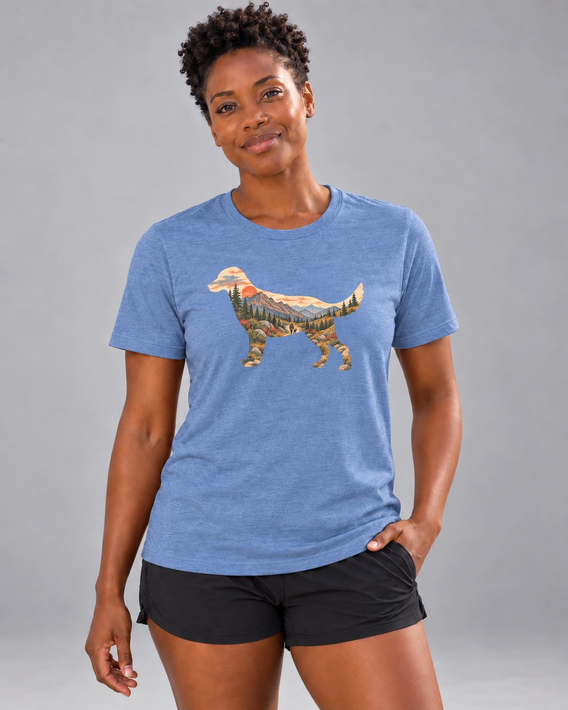 Brandy wearing Wander Together Everyday T in Heather Columbia Blue