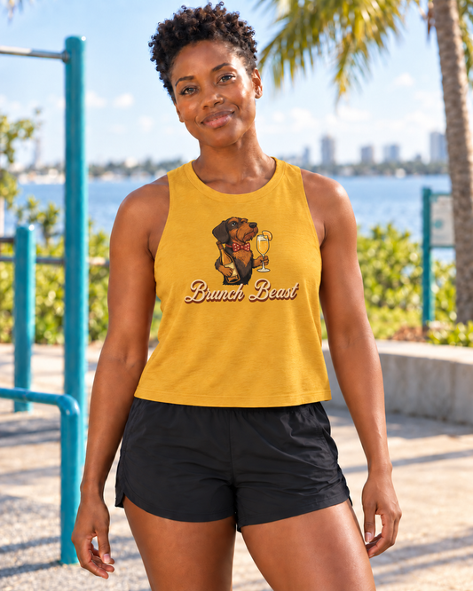 Brunch Beast crop tank – Brandy front in Heather Mustard
