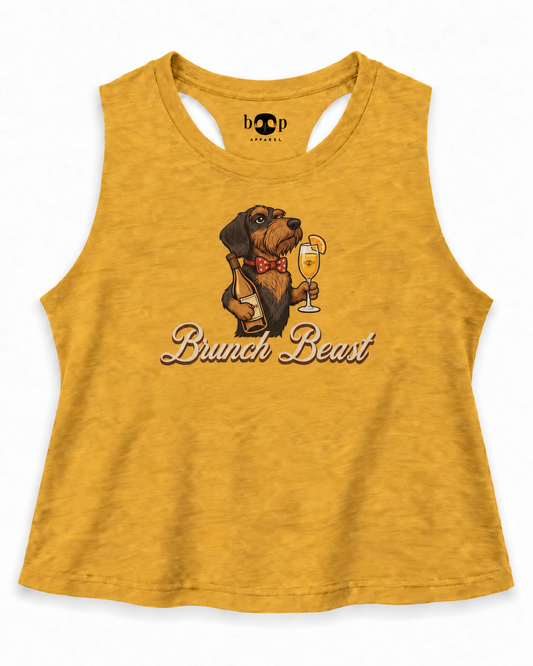 Brunch Beast crop tank – Heather Mustard flatlay