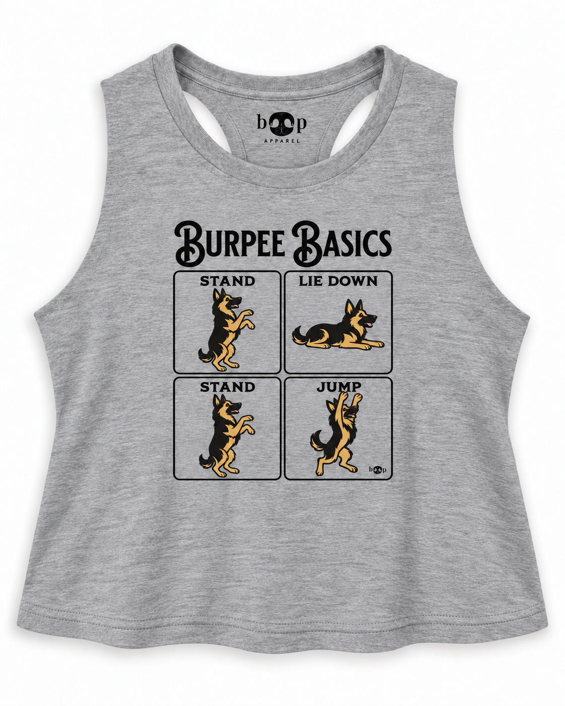 Burpee Basics crop tank – Athletic Heather flatlay
