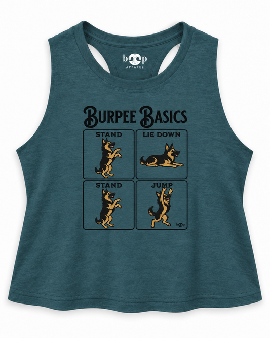Burpee Basics crop tank – Heather Deep Teal flatlay