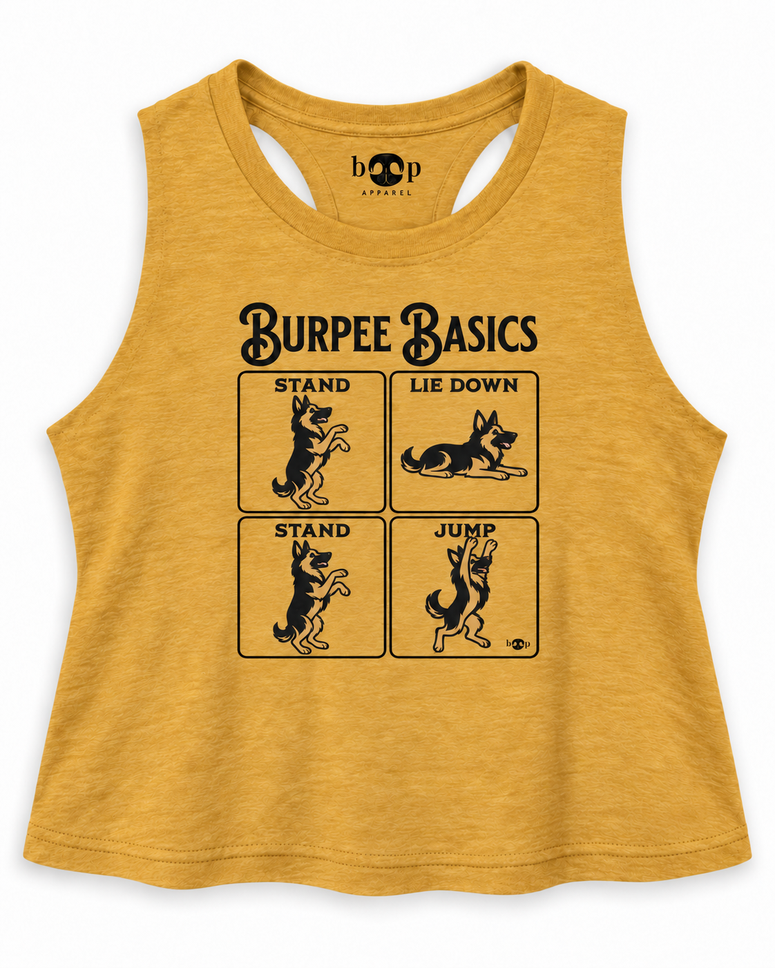 Burpee Basics crop tank – Heather Mustard flatlay