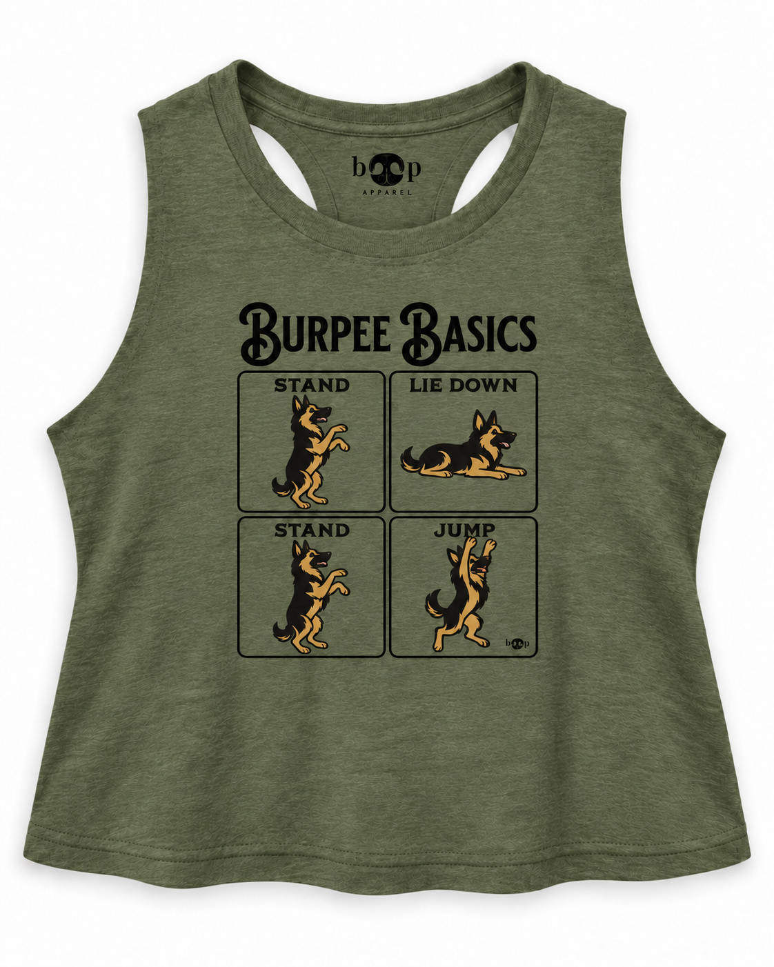 Burpee Basics crop tank – Heather Olive flatlay