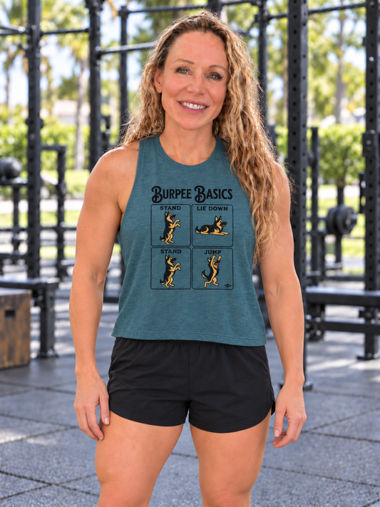 Burpee Basics crop tank – Meg front in Heather Deep Teal