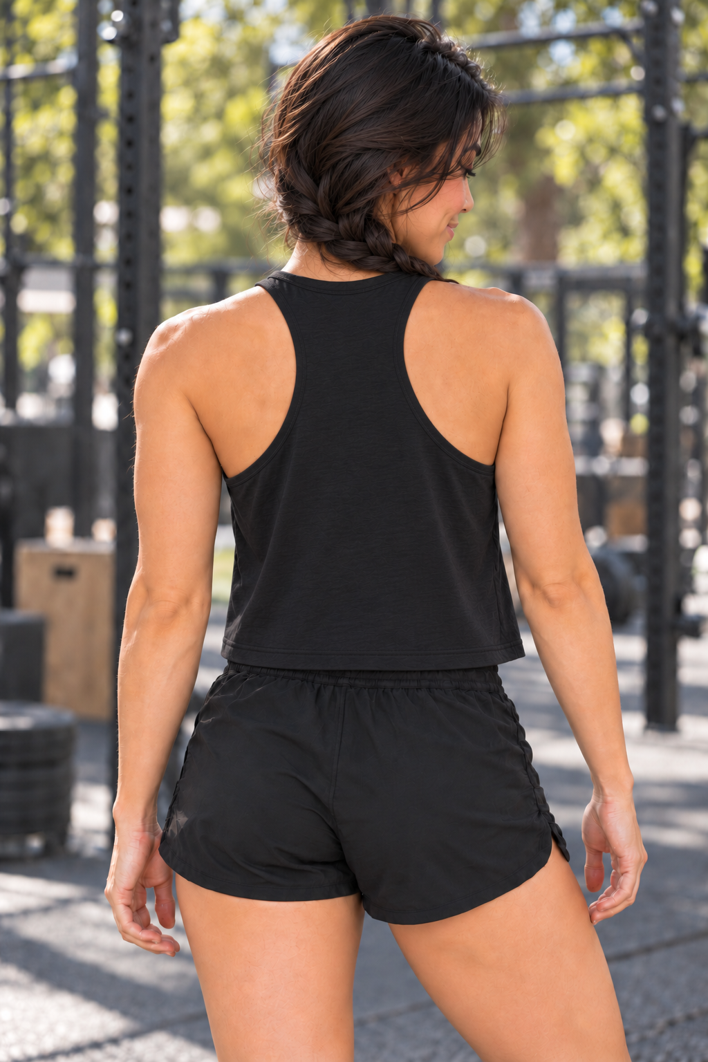 Caffeine & K9s crop tank — Grace back in Solid Black Blend at outdoor gym