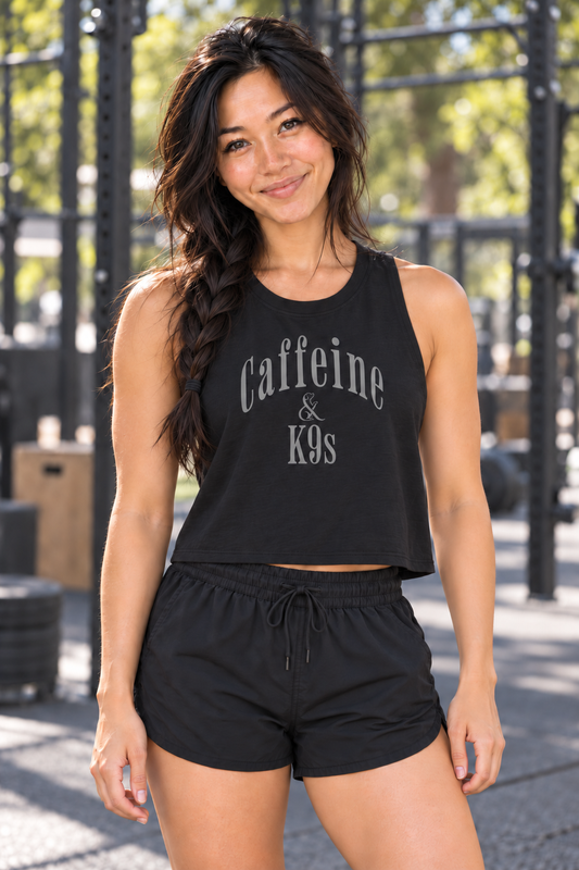 Caffeine & K9s crop tank — Grace front in Solid Black Blend at outdoor gym