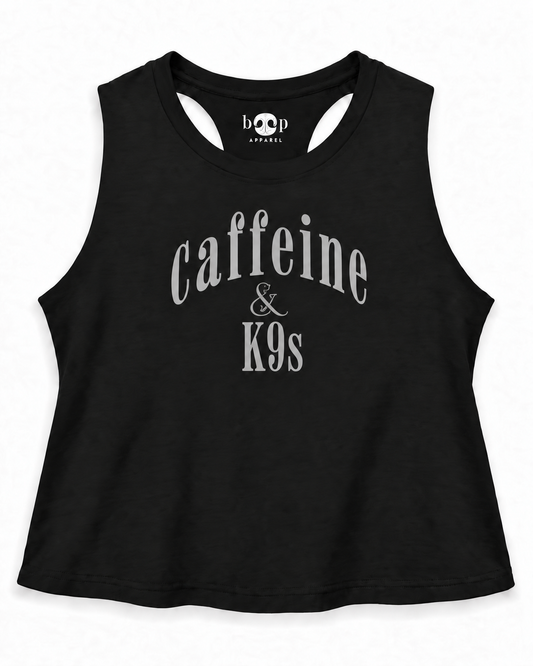Caffeine & K9s crop tank — Solid Black Blend, flatlay
