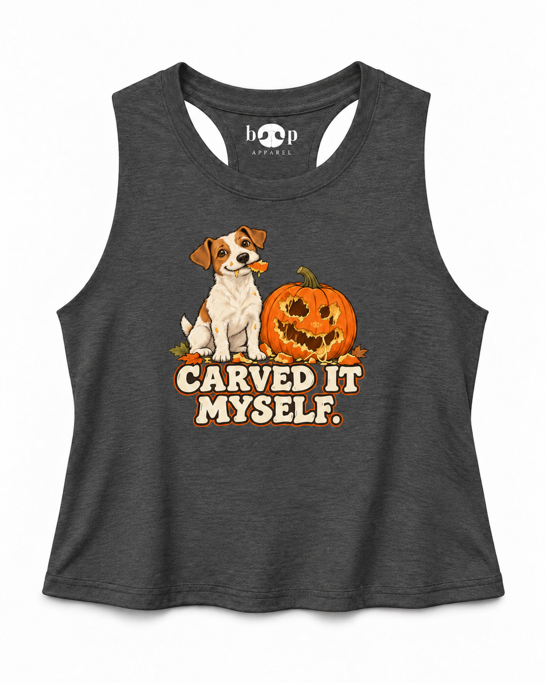 Carved it Myself Crop Tank in Dark Grey Heather, branded front photo