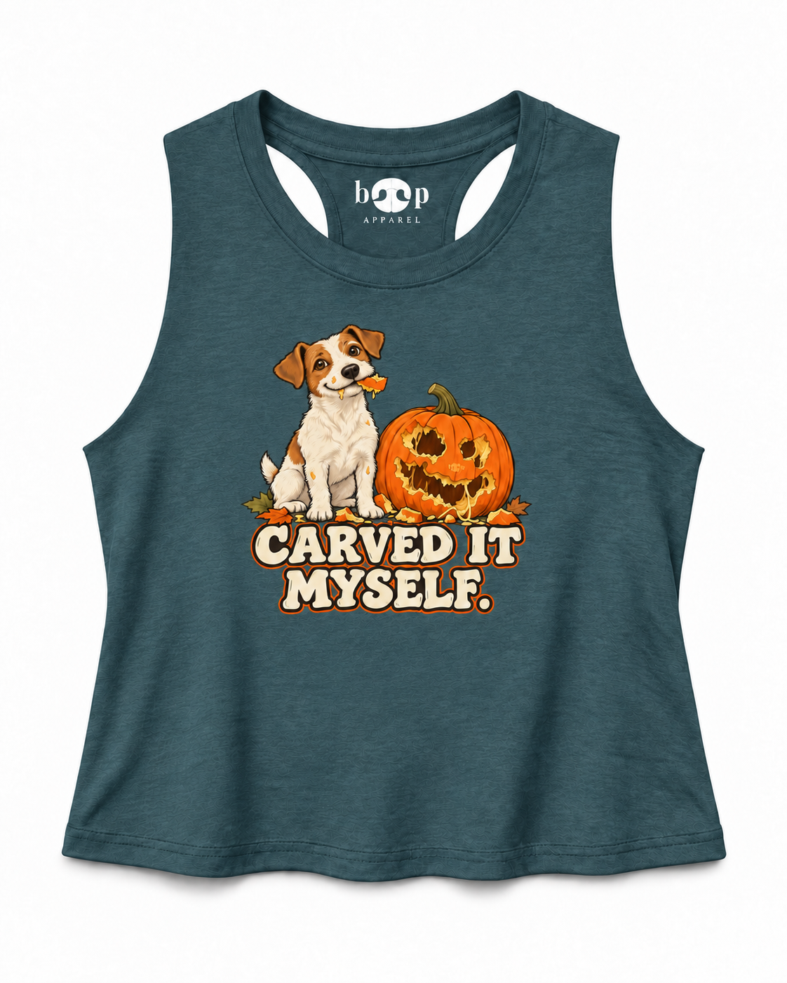 Carved it Myself Crop Tank in Heather Deep Teal, branded front photo