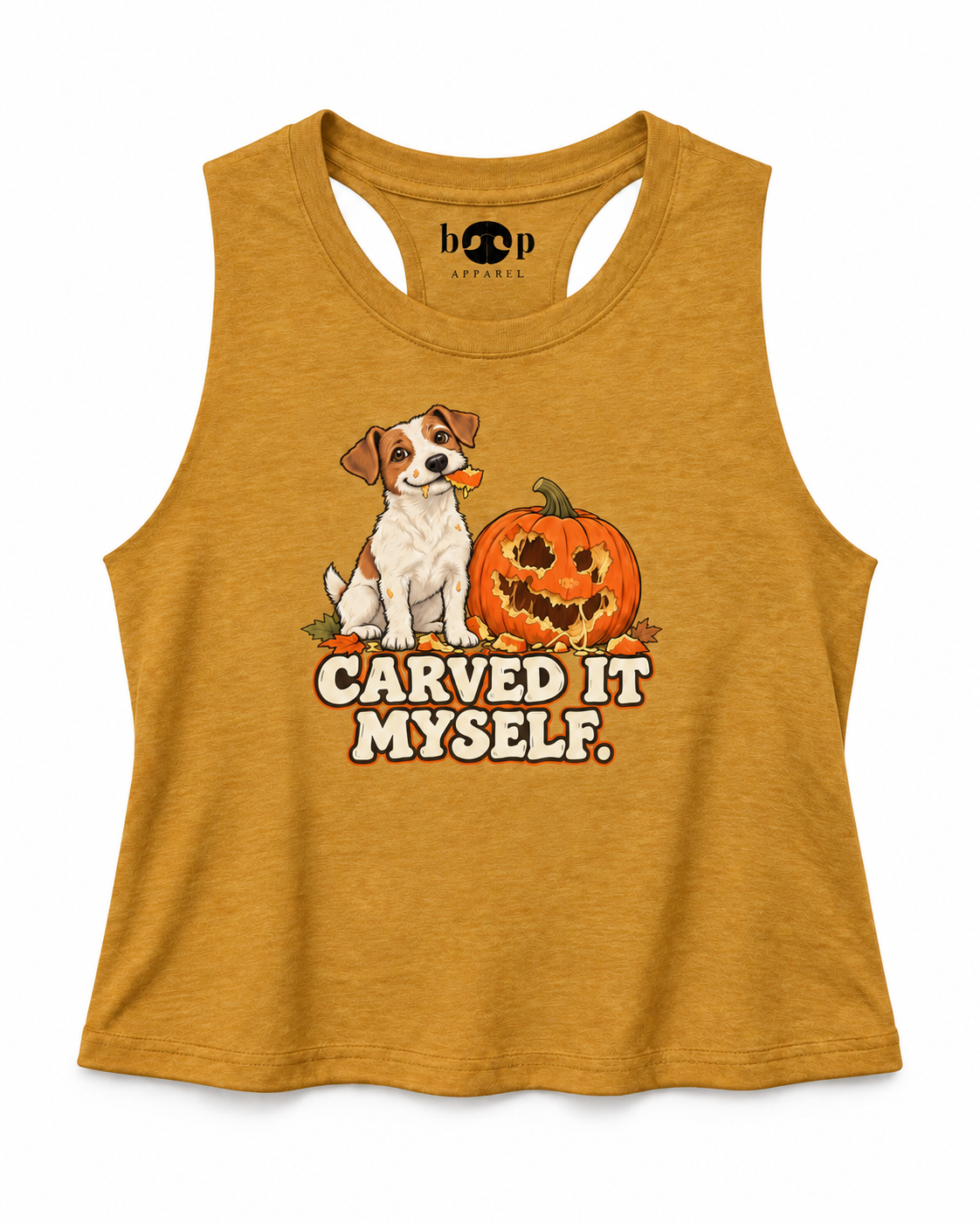 Carved it Myself Crop Tank in Heather Mustard, branded front photo