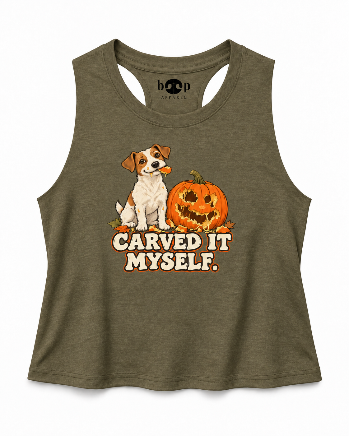 Carved it Myself Crop Tank in Heather Olive, branded front photo