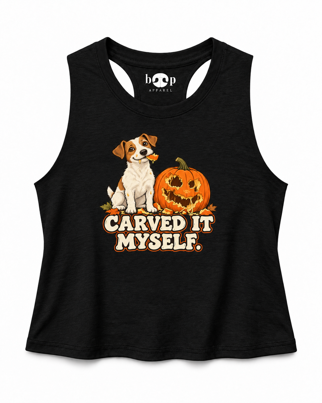 Carved it Myself Crop Tank in Solid Black Blend, branded front photo