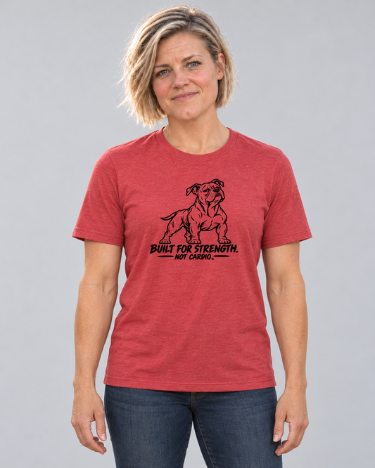 Cindy wearing Built for Strength, Not Cardio Everyday T in Heather Red