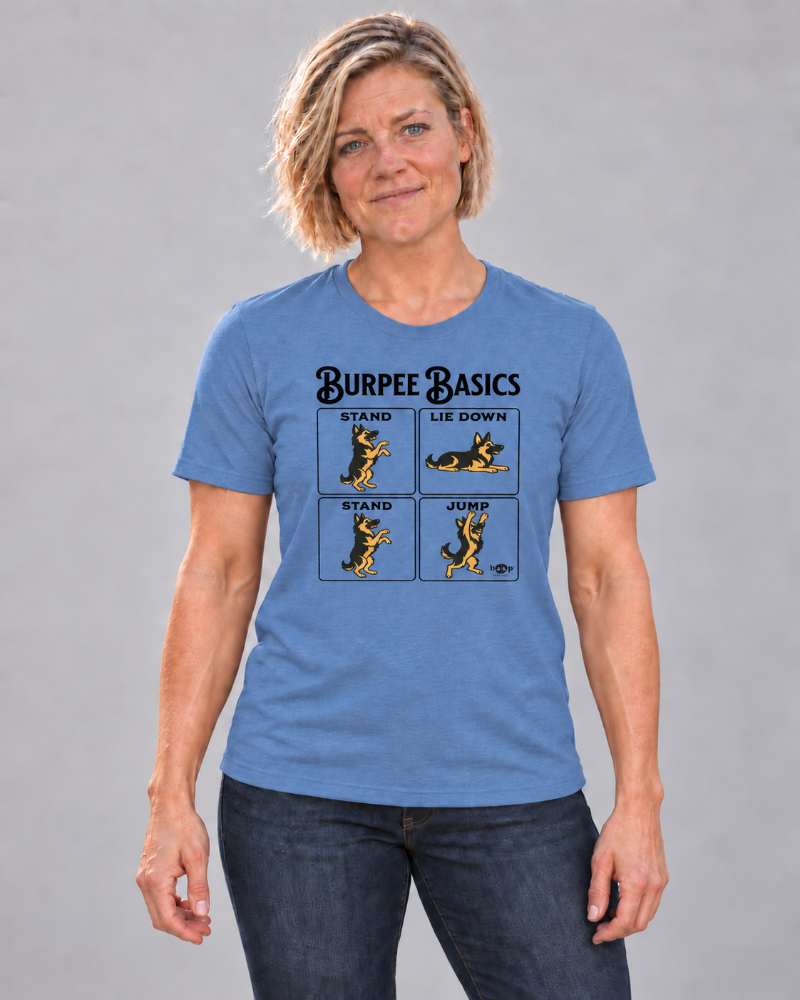 Cindy wearing Burpee Basics Everyday T in Heather Columbia Blue