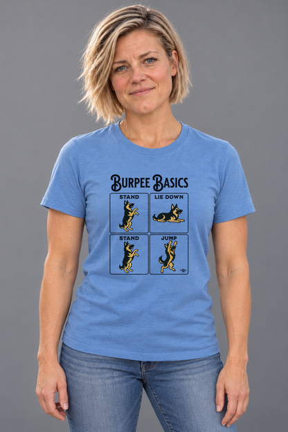 Cindy wearing the Burpee Basics Everyday T in Heather Columbia Blue, front studio view.