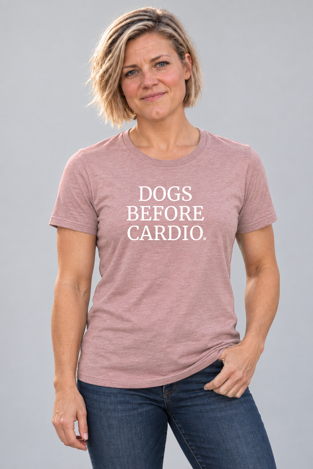 Cindy wearing Dogs Before Cardio Everyday T in Heather Mauve