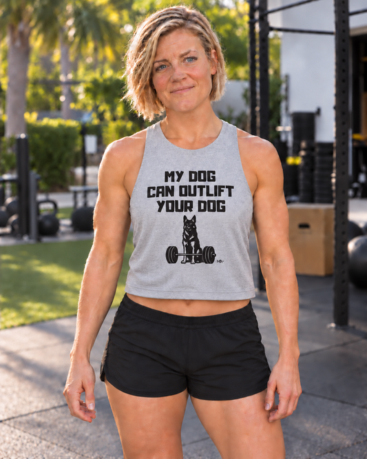 Cindy wearing Outlift Crop Tank in Athletic Heather, relaxed fit front view