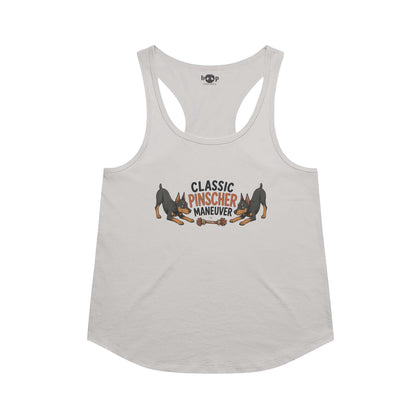 Classic Pinscher Maneuver racerback tank in Heather White