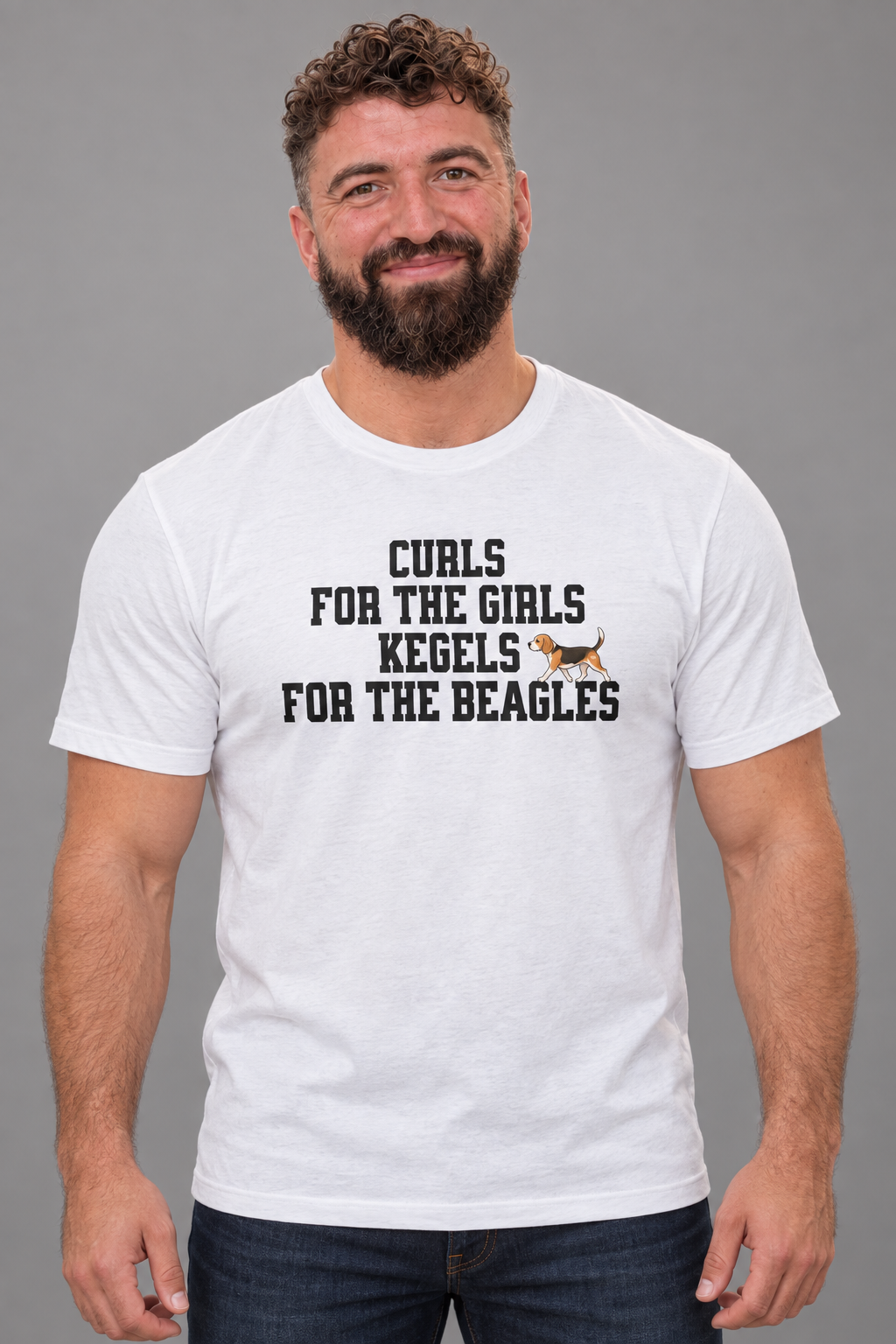 Dan wearing Kegels for the Beagles Everyday T in Solid White Blend