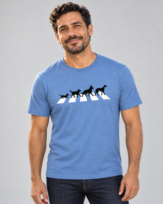 Dave wearing All You Need Is Dogs Everyday T in Heather Columbia Blue