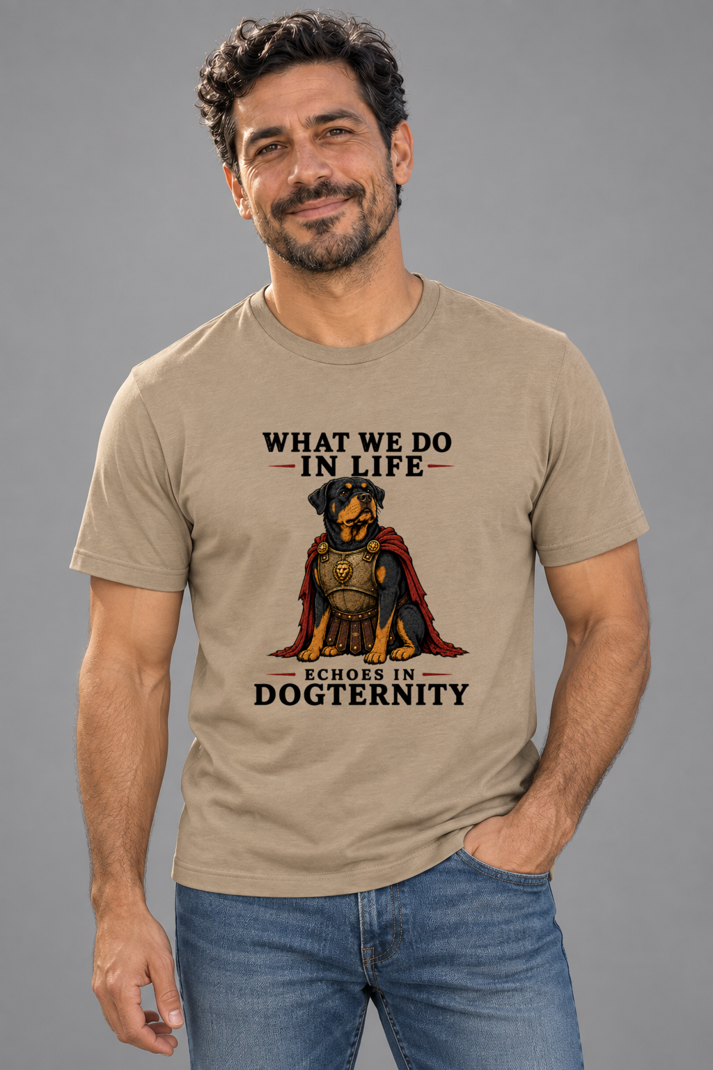 Dave wearing Echoes in Dogternity Everyday T in Heather Tan
