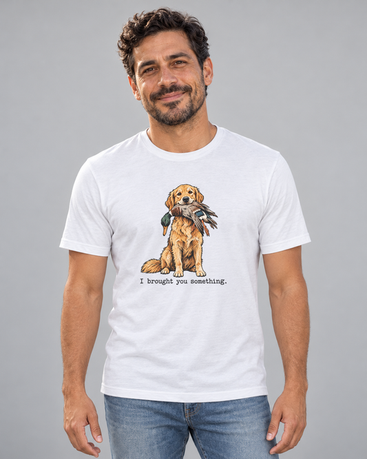 Dave wearing I Brought You Something Everyday T in Solid White Blend