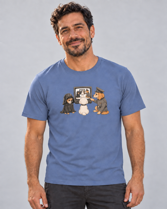Dave wearing In the Now, Now Everyday T in muted Heather True Royal