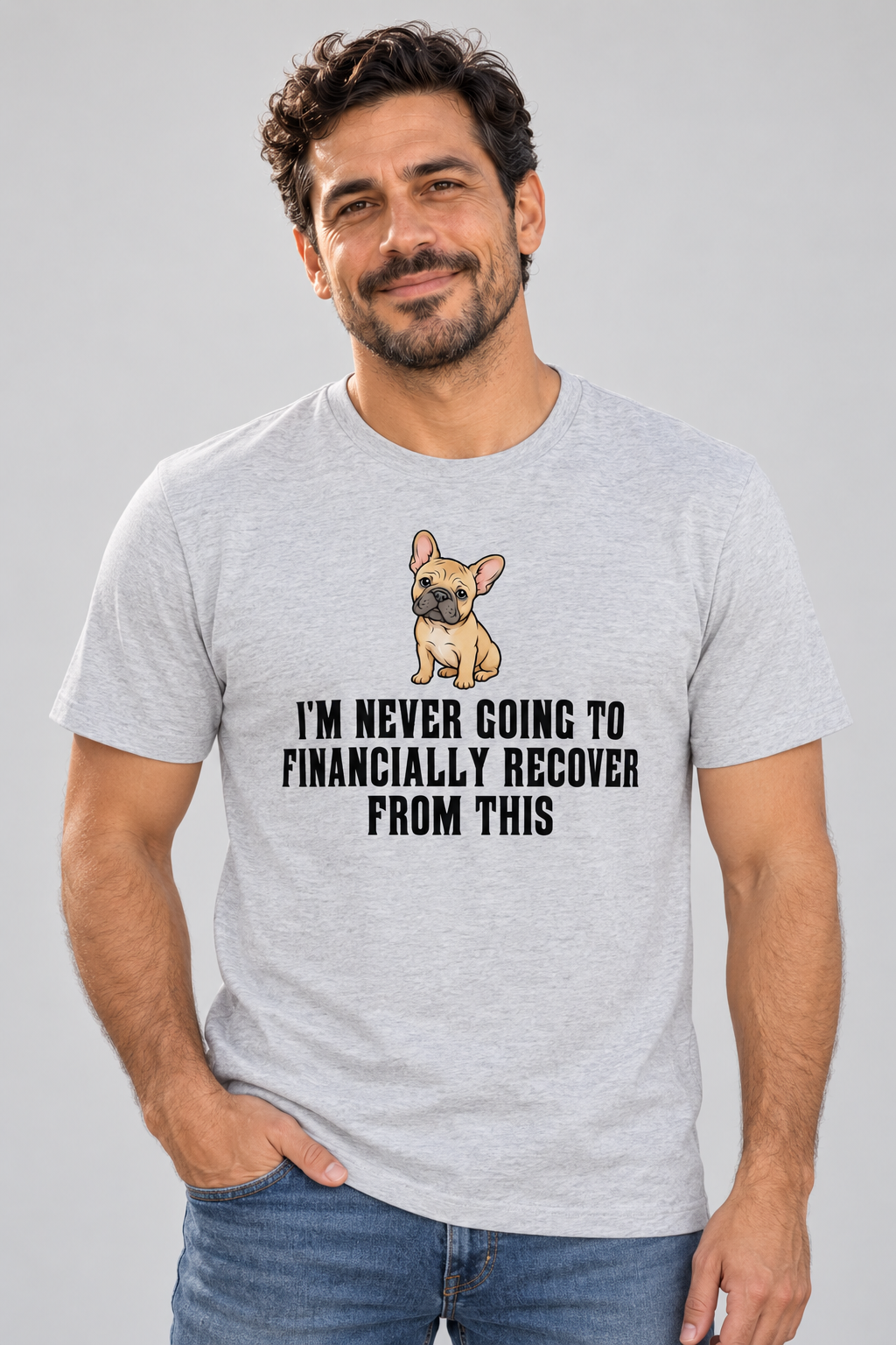 Dave wearing Never Financially Recover Everyday T in Athletic Heather