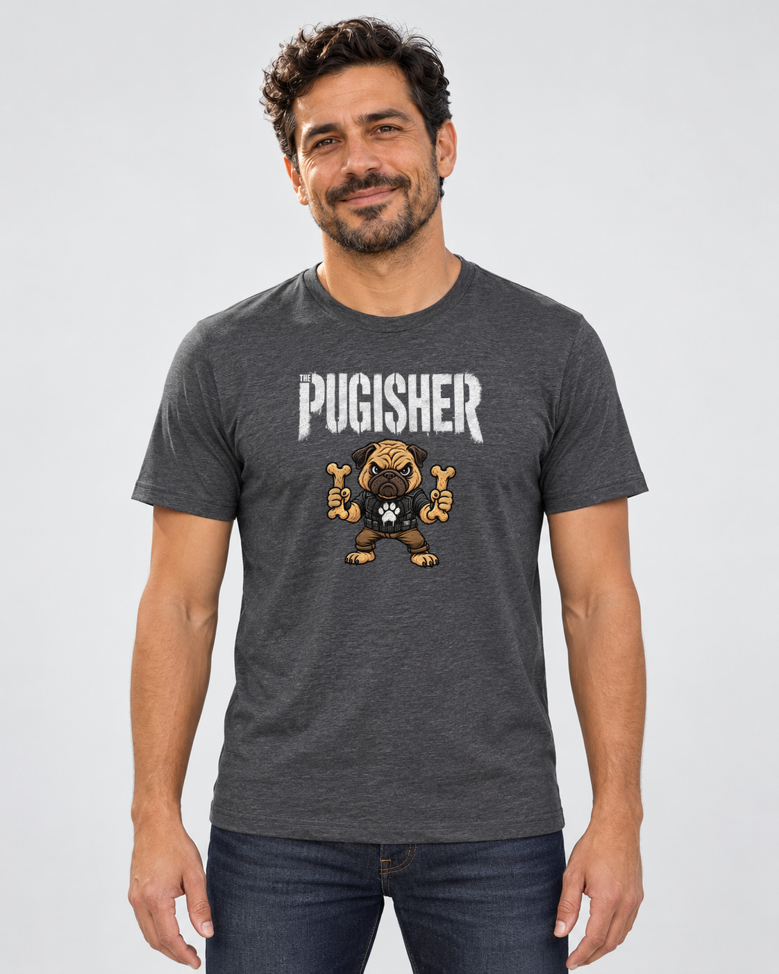 Dave wearing Pugisher Everyday T in Dark Grey Heather